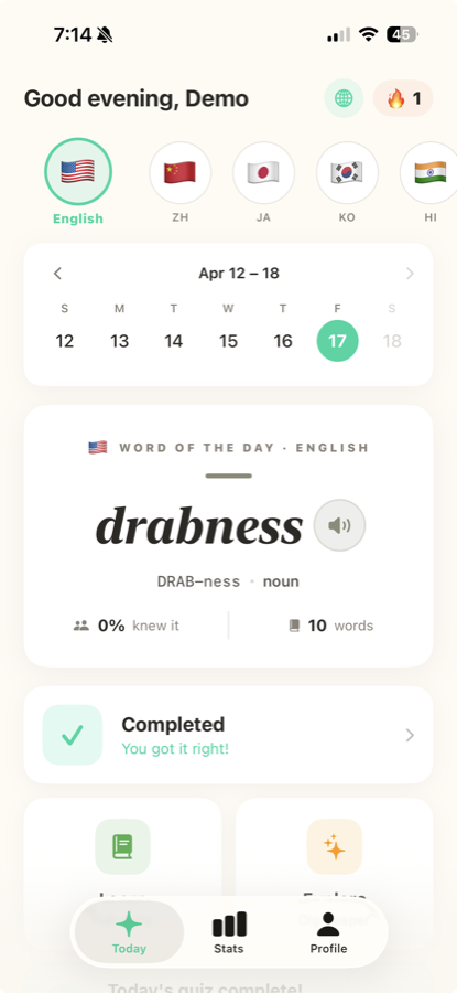 WordSpark home with word of the day